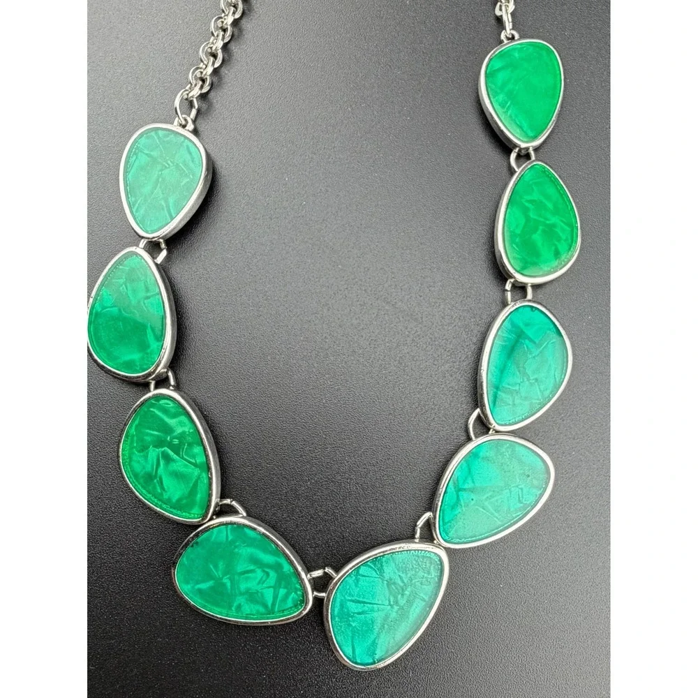 Green Statement Bib‎ Necklace Geometric Abstract Teardrop Silver Tone 17-19